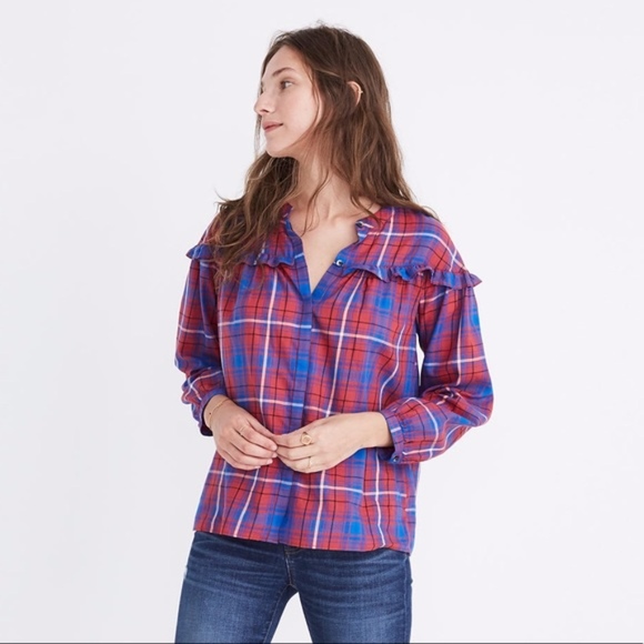 NWOT MADEWELL Plaid Shirred Button Down Top Berry - Picture 1 of 6